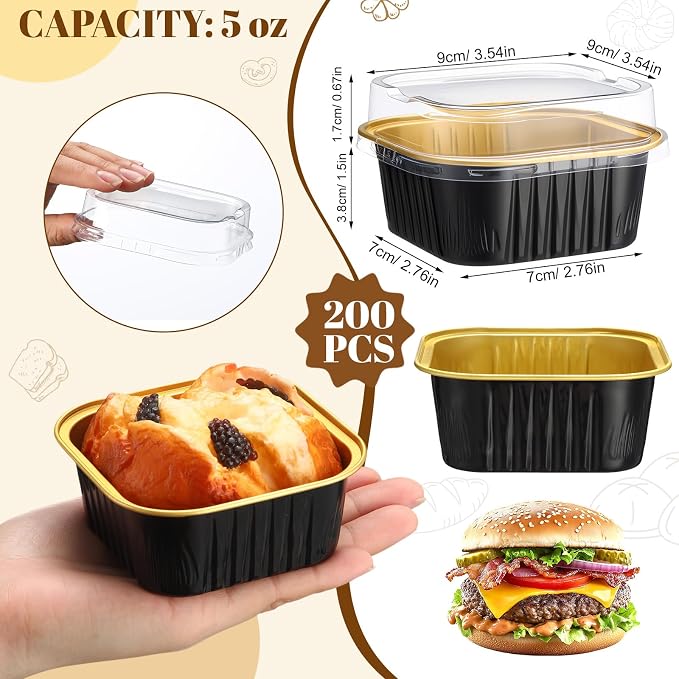 200 Pack 5 oz Mini Cake Pans with Lid, Aluminum Foil Mini Baking Tins, Square Disposable Cupcake Baking Cup Dessert Container for Wedding Birthday Party Picnic(Black, Classic)