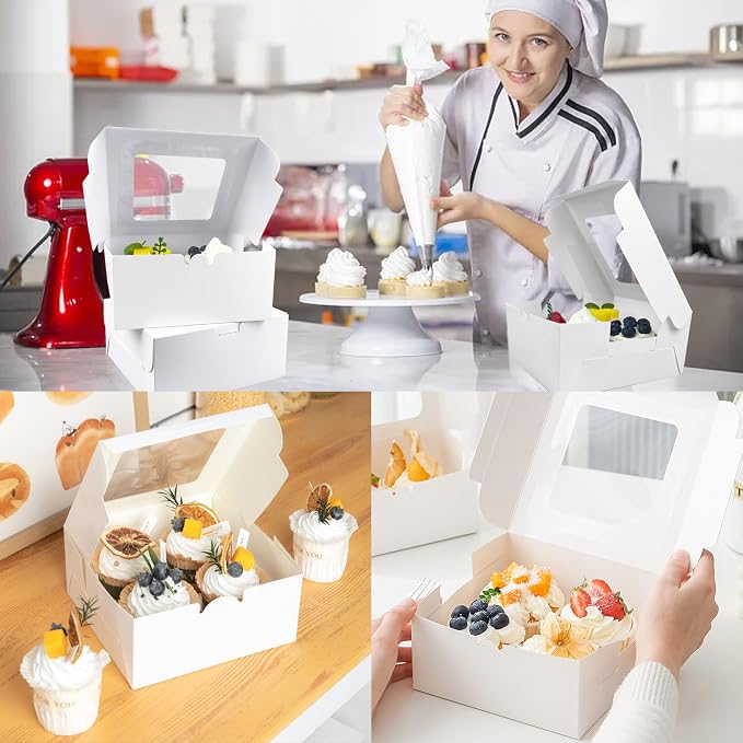 MUMULULU 14 PCS White Paper Cupcake Boxes with 4 Cavity Cookie Gift Boxes with Clear Window 4 Treat Holder Cupcake Containers Bakery Cake Box for Birthday Party Bakery Supplies