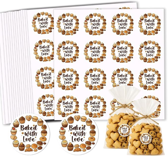 320 Pcs Baked with Love Stickers, 2 Inch Homemade Bakery Stickers Made with Love Sticker Self-Adhesive Packaging Labels for Packaging Bags Containers Businesses Gifts