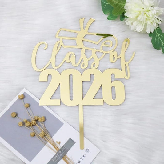 Mirror Acrylic Class of 2026 Cake Topper, Congrats Grad Cake Toppers - Gold Glitter Graduation Party Decorations