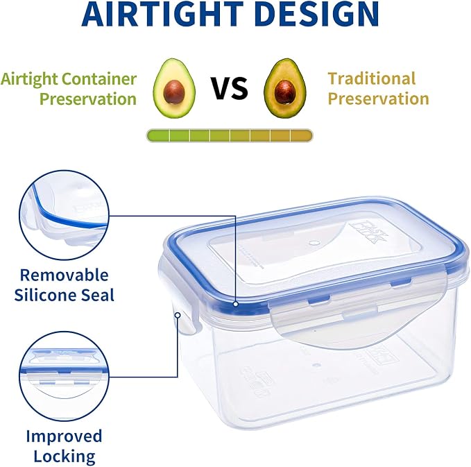 KIGI Small Food Storage Containers, Rectangle, 4-Sided Locking Airtight Lids, BPA-Free Plastic, Leak-Proof for Lunch, Meal Prep, Snack & Portion Control, 17 oz / 2.1 Cup, 8 Piece Set