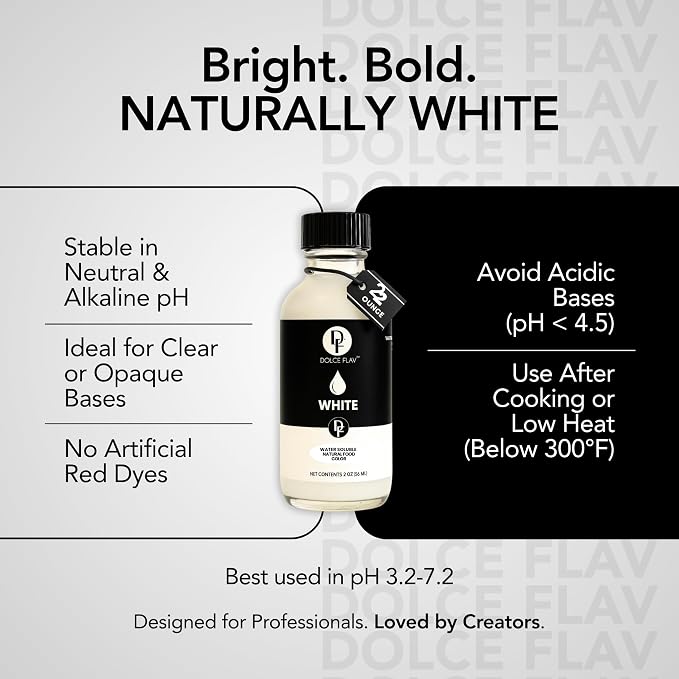 Dolce Flav Natural White Food Coloring – 2 oz Liquid Whitening Dye from Palm Oil with Graduated Dropper | Water-Soluble | For Frostings, Fillings & Beverages | Kosher | Made in USA