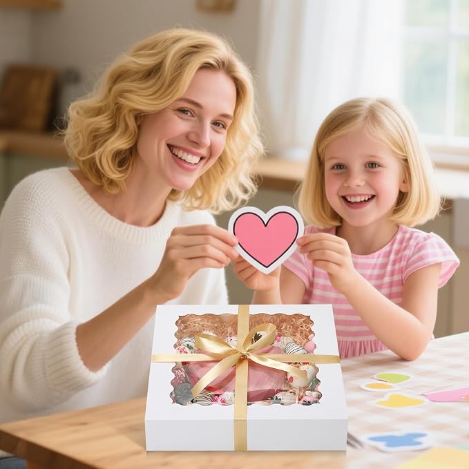 24 Pack Pie Boxes, 12x12x2.5 Inch Bakery Boxes with Window, White Auto-Popup Cookie Box with Ribbon and Sticks for Treats, Pies, Muffins, Donuts and Pastries
