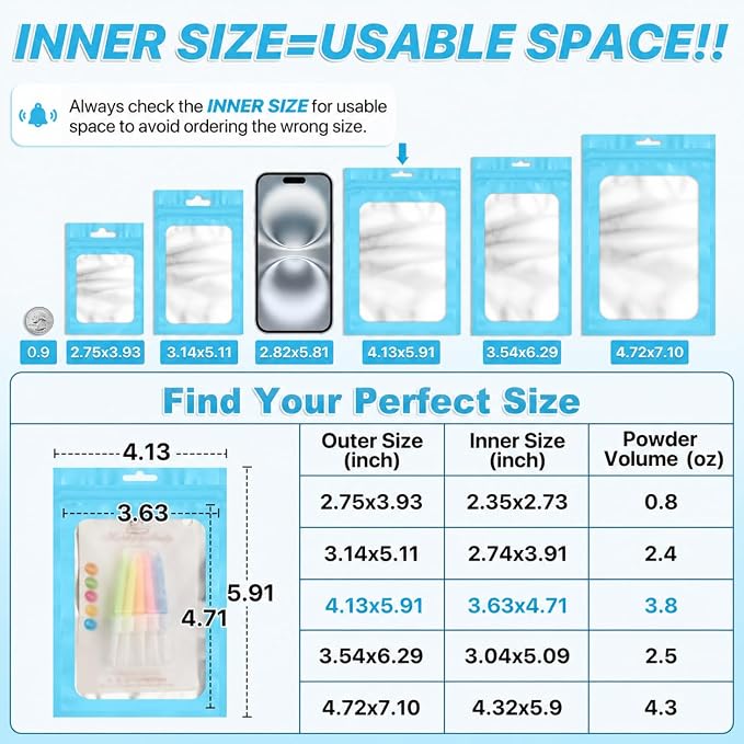ANZNKU 100 Pack Lake Blue Resealable Mylar Bags with Frosted Clear Window 4.13x5.91", Smell Proof Foil Pouch Bag for Jewelry Candy Party Favor Storage, Sealable Packaging Bags for Small Business