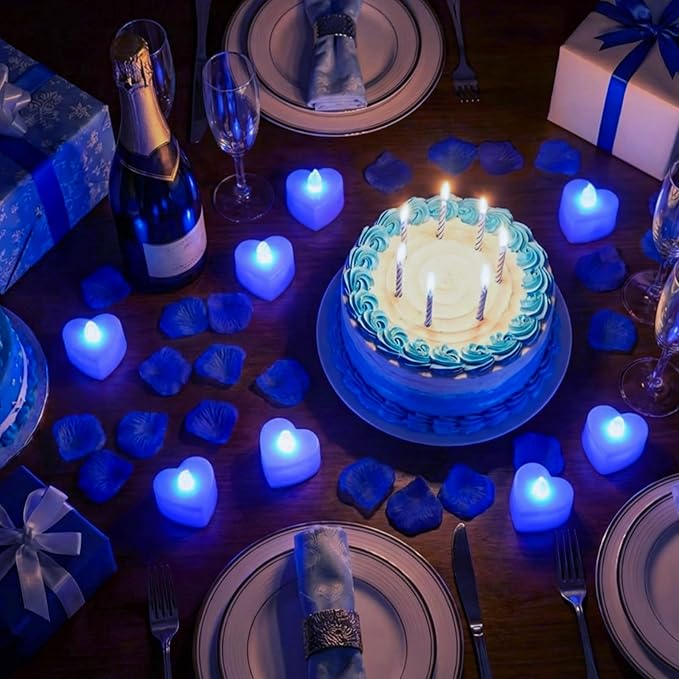 Blue Happy Birthday Balloons Decorations Happy Birthday Letter Balloons Banner Set with 24pcs Heart Flameless LED Candles and 2000pcs Artificial Rose Petals for Women Men Room Party Decor
