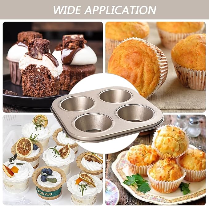 4-Hole Muffin Pan, Bakeware Non-stick Cupcake Baking Pan Mini Pie Pans, Heavy Duty Carbon Steel Muffin Tray Standard Baking Mold Pan for Oven Bakings (COLOR:Gold, 1pc)