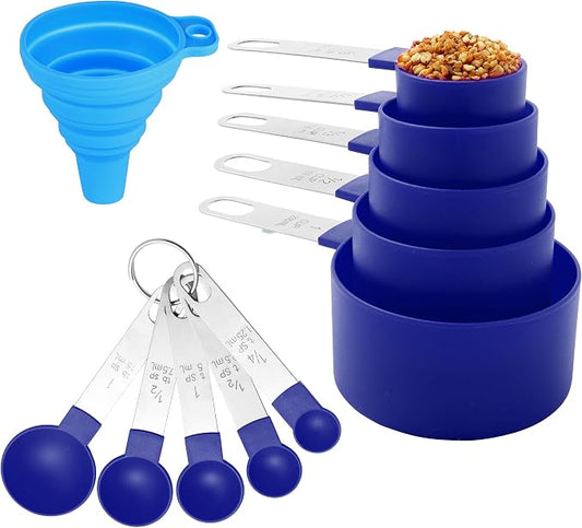 Measuring Cups and Spoons Set of Huygens Kitchen Gadgets 10 Pieces, Stackable Stainless Steel Handle Measuring Cups for Measuring Dry and Liquid Ingredient (Sapphire blue)