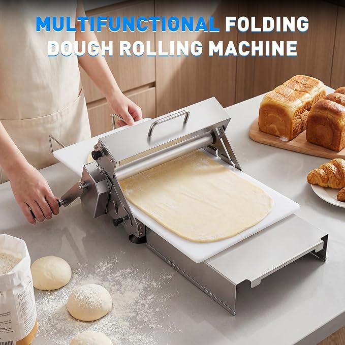 12-Inch Folding Pasta Dough Roller Machine, Stainless Steel Dough Press with 2 Rolling Boards Adjustable Thickness Doughs Sheeter for Baking Croissants Pizza Pasta White