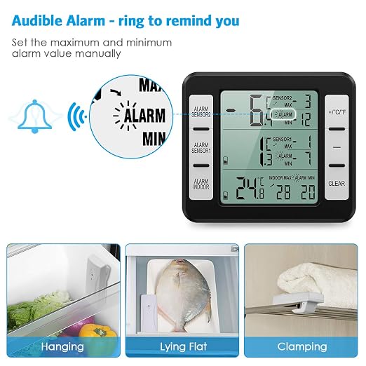 (New Version) AMIR Refrigerator Thermometer, Wireless Indoor Outdoor Thermometer, Sensor Temperature Monitor with Audible Alarm Temperature Gauge for Freezer Kitchen Home (Battery not Included)