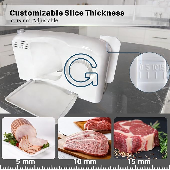 Meat Slicer for Home, 150W Foldable Deli Meat Slicer with 6.7'' Blade, Child Lock Protect Electric Bread Slicer, Adjustable Thickness Portable Food Cutter Machine for Spam Breads Meat (White)