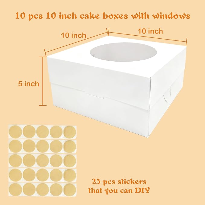 25 Pack Cake Boxes 10x10x5 Inches Cake Box with Windows, White Square Bakery Boxes, Cake Container with Stickers for Cake, Cookies, Pie, Cupcakes-Birthday, Party, Wedding by GBF