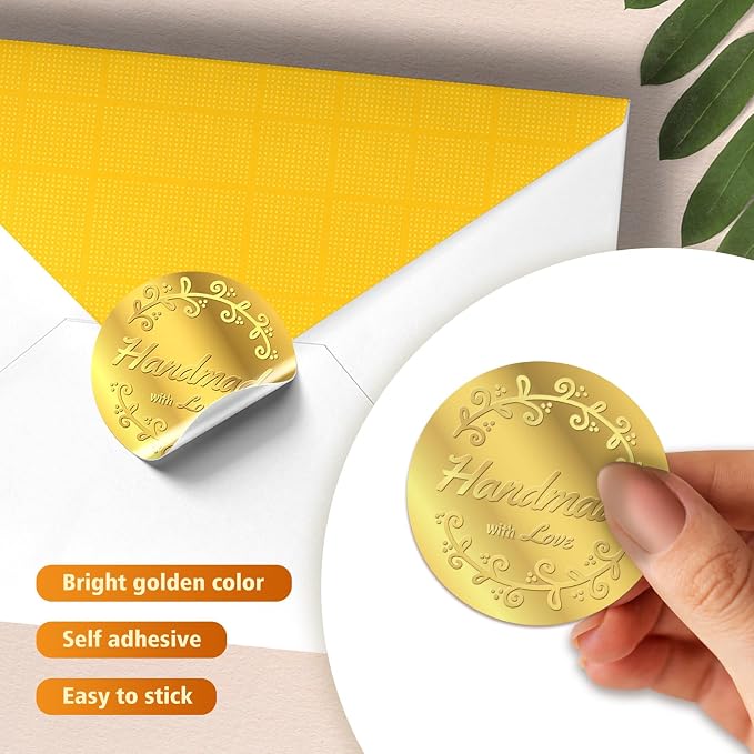 100Pcs Embossed Favor Stickers Labels, Gold Foil Tags Envelope Seals, Wedding Invitation Decor Foil Party Favor Stickers for Sealing Awards Embossing Certificates 1.5 Inch, Handmade with Love