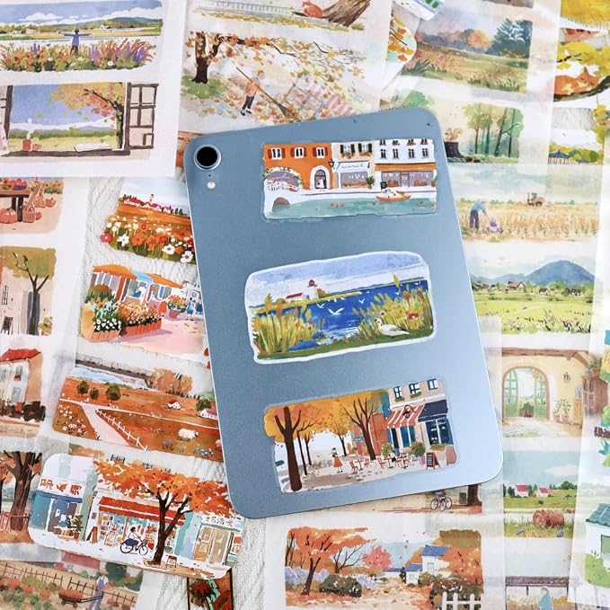 Journal Sticker Book for Junk Journaling, Transparent PET Seasons Landscape Stickers for Scrapbook Supplies, Scrapbooking, 20 Large Pre-Cut Stickers Sheets 9.25 x 6.65 inches