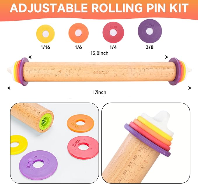Adjustable Rolling Pin with Thickness Rings for Baking, 13.6" with 4 Multicolored Thickness Ring, Wood Dough Roller for Baking Fondant, Pizza, Cookie, Bread, Pie Crusts