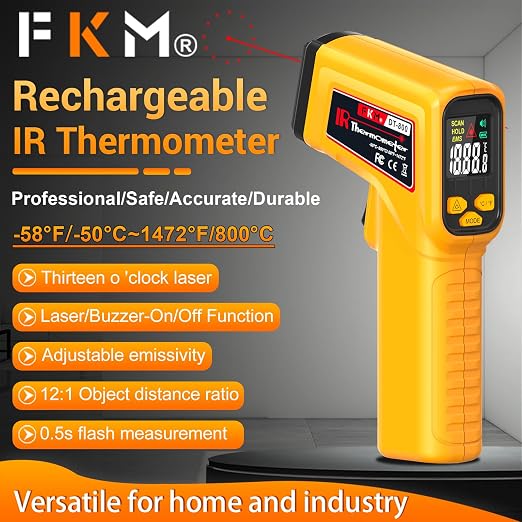 FKM Rechargeable Infrared Thermometer Gun,13-Point Laser Non-Contact Laser Thermometer Gun,High Precision,-58°F~1472°F,Digital IR Temperature Gun for Cooking,Griddle,Oven,HVAC,Automotive,Industrial
