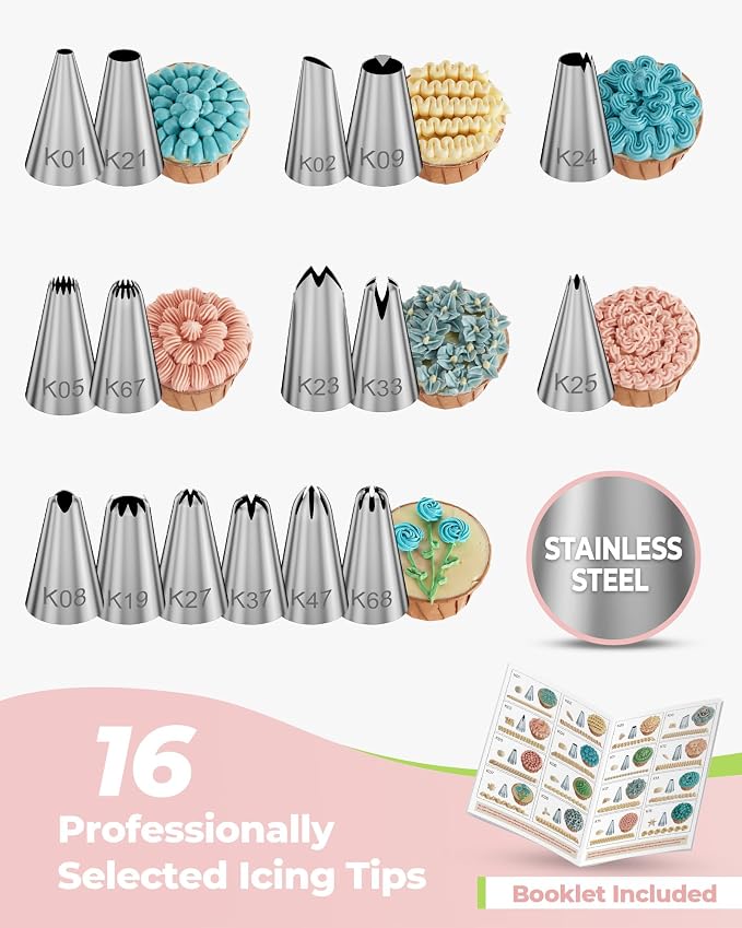 Kootek 124Pcs Icing Piping Bags and Tips Set, Cake Decorating Kit with 100 Anti Burst Piping Bags 12 Inch, 16 Icing Tips, Reusable Pastry Bag, 3 Scrapers, 2 Couplers, 2 Bag Ties (Pink)