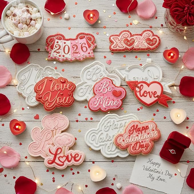 Cookie Cutters Love Set of 7 with Plunger Stamps Detailed Holiday Cake PLA 3.5" Baking Accessories Cutter Molds Gifts to for Party Kitchen Supplies