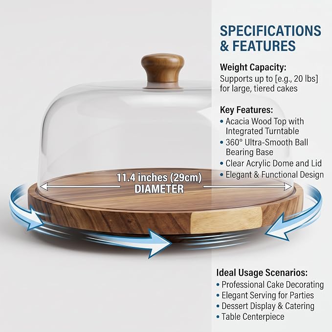 Rotating Acacia Wood Cake Stand with Lid 360°Rotating Cake Stand & Cake Turntable 11.4 Inch Wooden Cake Stand with Lid Clear Acrylic Cake Stand with Dome for Dessert Cupcake Display