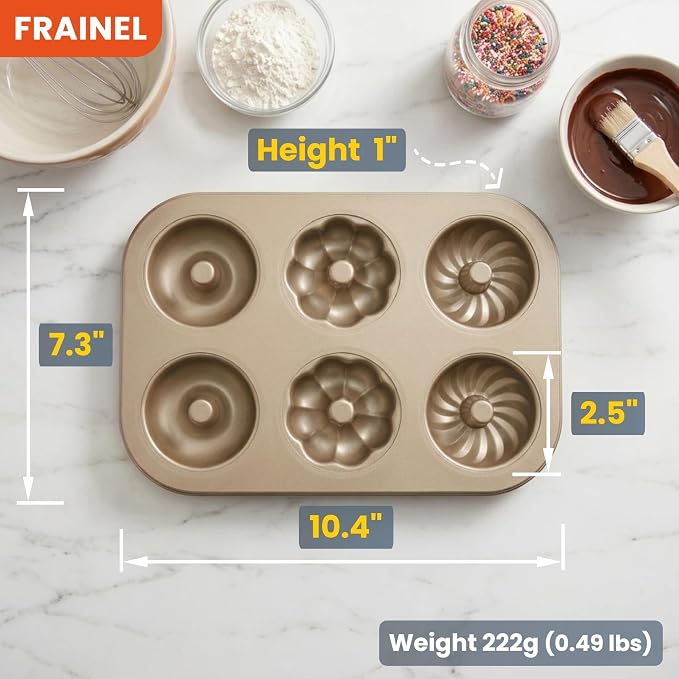 6-Cavity Donut Pan for Baking, Non-Stick Carbon Steel Doughnut Molds with 3 Unique Shapes (Petal, Swirl & Classic), Heavy-Duty Bagel & Mini Bundt Tray, Champagne Gold