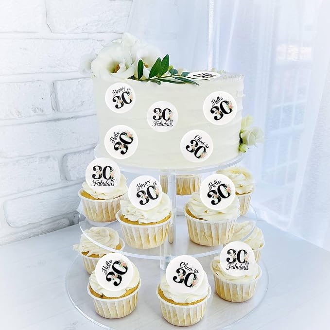 40Pcs Edible Circle Happy 30th Birthday Cupcake Toppers Edible Floral Hello 30 Fabulous Cheers to 30 Cupcake Picks Drink Toppers for Funny Female Floral 30th Birthday Party Decorations