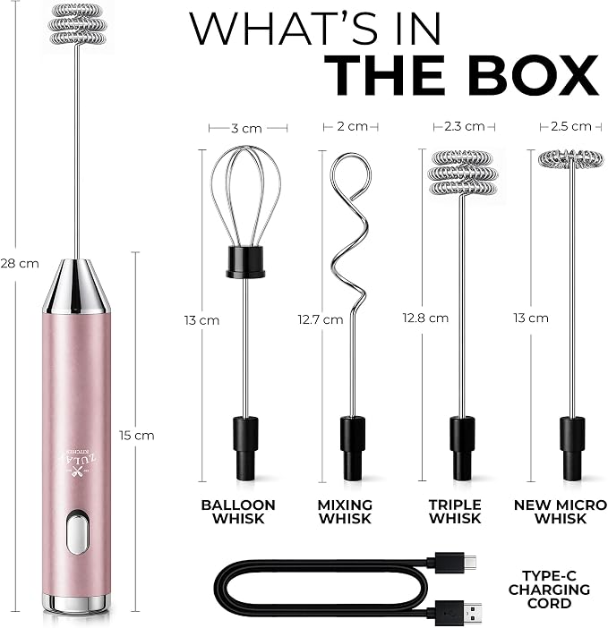 Zulay Kitchen Rechargeable Milk Frother Handheld - Frother Wand, Drink Mixer, Electric Whisk Frother, for Cappuccinos, Matcha & Protein Powder - Ultra Metal 3 Whisk, 1800mAh Pink
