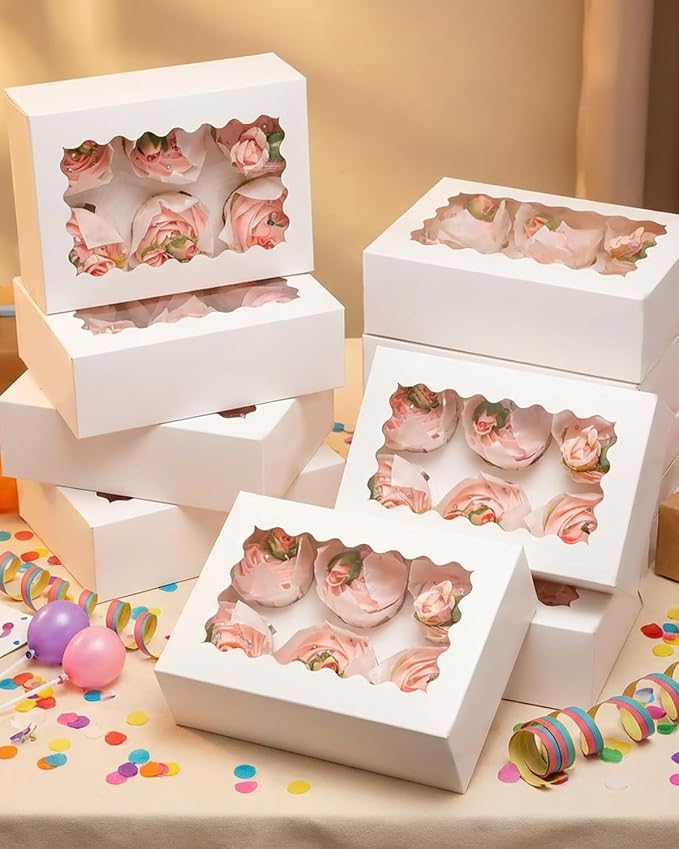 qiqee Auto-pop Up Cupcake Boxes with Window White 100PCS 6 Count Cupcake Box 9.4"x6.1"x3" Cupcakes Carrier, 6 Cupcake Containers