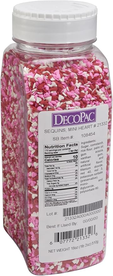 DECOPAC Valentine's Day Quins, 18oz, Fancy Sprinkles In Heart Shapes, Candy Sprinkles in Handheld Container, Edible Sprinkles For Celebration Cakes, Cupcakes, Cookies