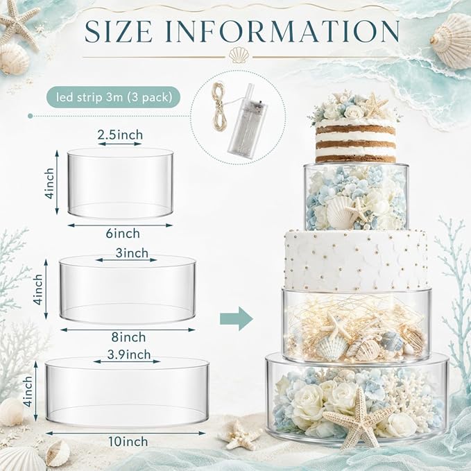 Sintuff 3 Pcs Acrylic Cake Stand with LED Lights 6'', 8'', 10'' Clear Fillable Cake Riser Round 3 Tier Case Box for Wedding Birthday Holiday Party Food Display, 3 Sizes