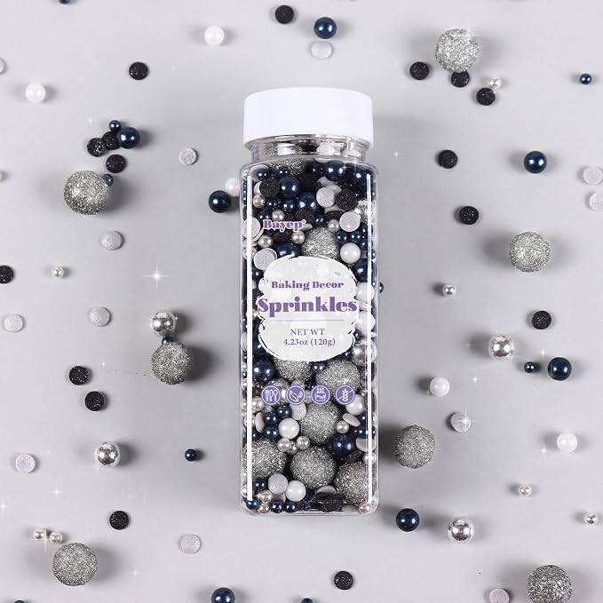 Black & Silver Sprinkles for Cake Decorating 4.23ounce - Sparkle Pearl Candy for Cupcake Toppers, Ice Cream, Candy, Cookie Decorations - Silver Sprinkles for Princess Bridal Shower Wedding Party