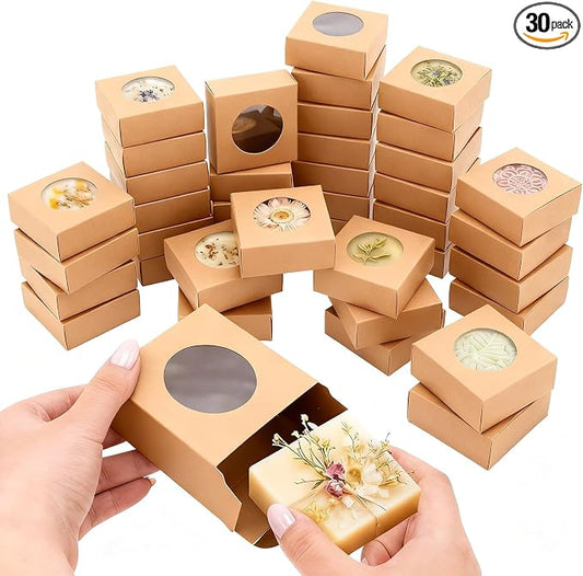 Chinco 30 Pcs Square Soap Boxes for Homemade Soaps Candle 3 x 3 x 1.2 Inch Soap Boxes with Clear Window Small Gift Wrapping Box for Soaps Packaging Bakery Cookies Candy Party Favor Supplies
