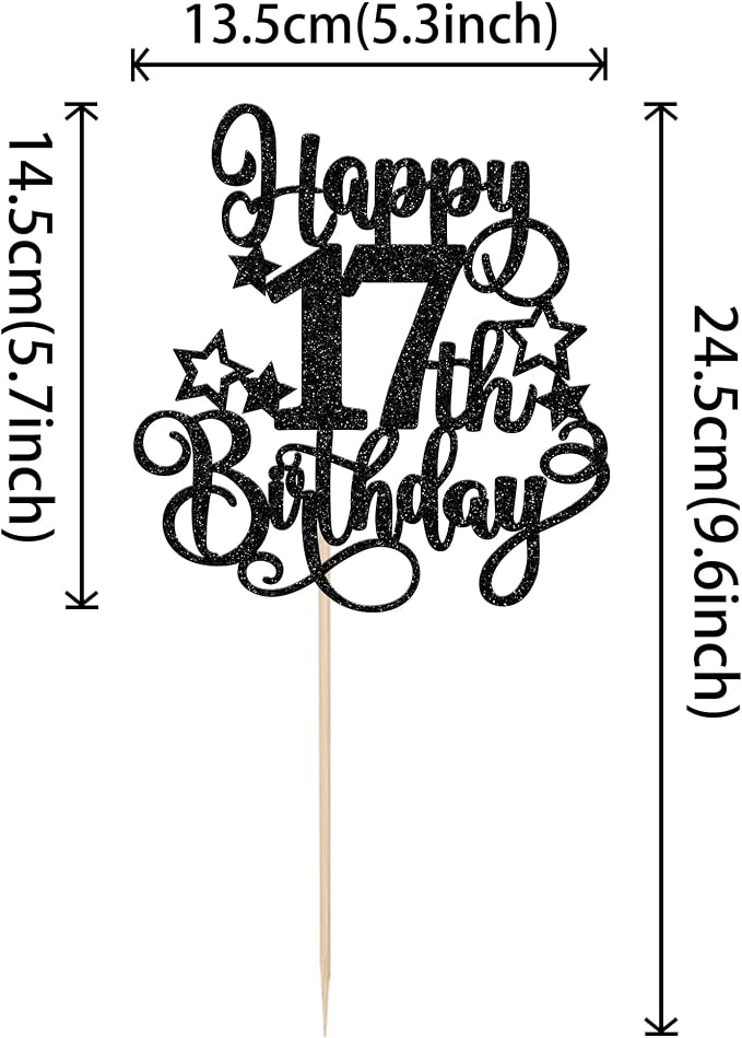 1 PCS Happy 17th Birthday Cake Topper Glitter Cheers to 17 Years Birthday Cake Pick Hello 17 Fabulous Cake Decoration for Happy 17th Birthday Anniversary Party Decorations Supplies Black