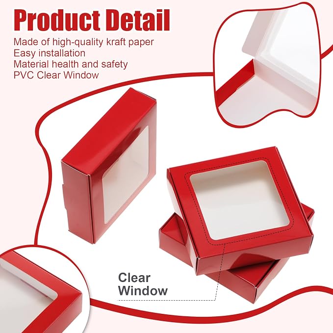 Zonon 30 Pcs Kraft Paper Boxes with Window 4.13 x 4.13 x 1.18 Inch Candy Packaging, Small Gift Boxes, Soap holder, Mini Treat Packaging for Bakery Chocolate Jewelry Display (Dark Red)