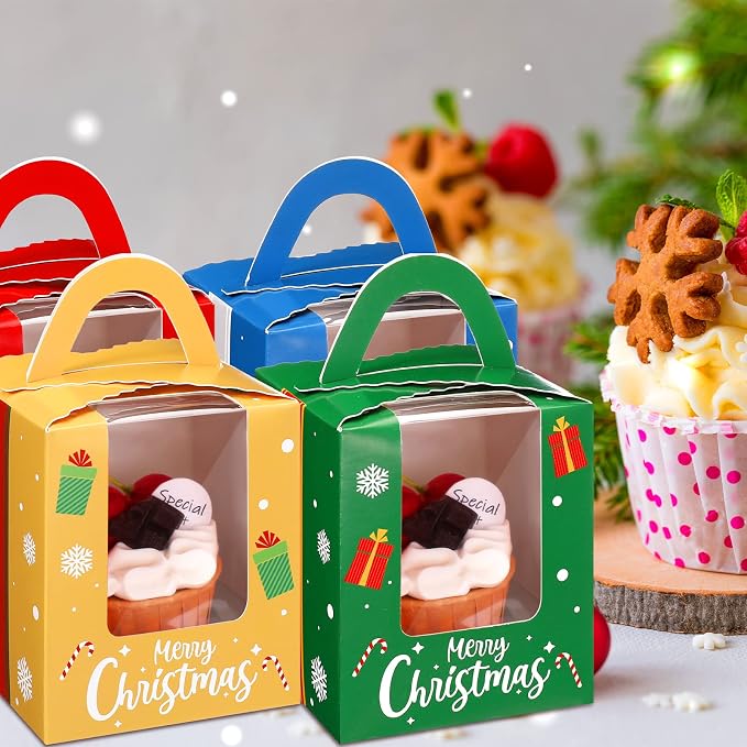 TaoBary 24 Pcs Christmas Cupcake Boxes Xmas Individual Cupcake Box Christmas Cookie Boxes with Window Insert Handle Muffin Pastry Holder Bakery Treat Box for X-mas Party(Snowflake)