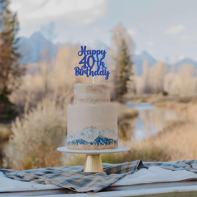 Gyufise 1Pc Happy 40th Birthday Cake Topper Glitter Cheers to 40 Years Old 40th Birthday Cake Pick for Celebrating 40th Birthday Anniversary Party Cake Decorations Supplies Blue