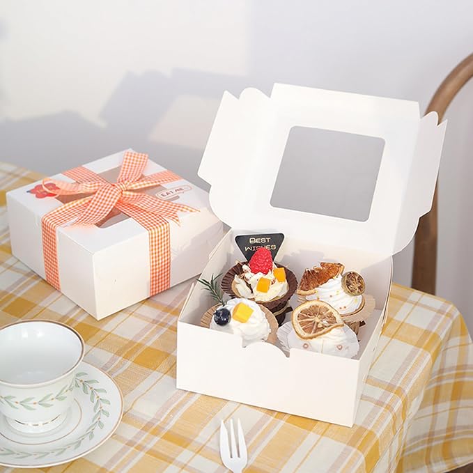 MUMULULU 8 PCS White Paper Cupcake Boxes with 4 Cavity Cookie Gift Boxes with Clear Window 4 Treat Holder Cupcake Containers Bakery Cake Box for Birthday Party Bakery Supplies