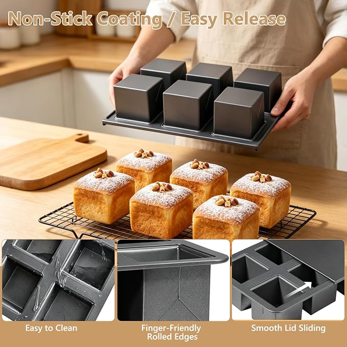 Mini Loaf Pan Pullman Loaf Pan with Lid 6-Cavity Non-Stick Bread Baking Pan Square Carbon Steel Toast Sandwich Box for Oven Microwave Baking Homemade Bread Cake Bakeware (26 * 17.5 * 6cm)