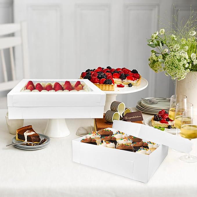 MUMULULU 12 PCS Cake Boxes with Window White Bakery Boxes Large Treat Box for Donuts Cookies Dessert Cupcakes Pastry Baking Pie Packaging (12 * 8 * 4in)