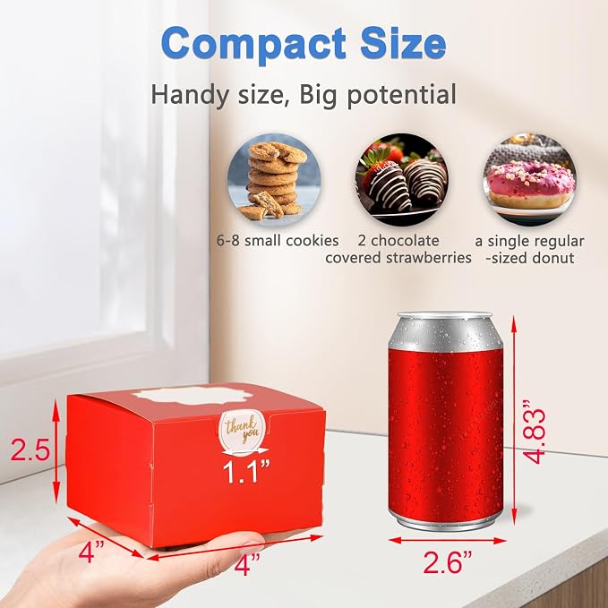 Shallive 4-Inch Small Cookie Boxes 100 Pcs Red - Bakery Treat Boxes with Window for Christmas Holiday Gifting, To-go Tins for Cake Slice, Macarons, Donuts