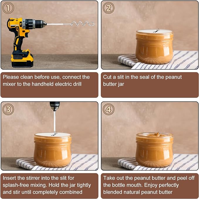 Peanut Butter Stirrer, 11.8 Inch Stainless Steel Nut Butter Mixer Peanut Butter Stirring Tool Drill Nut Butter Stirrer Fast Mixing Stirrer Utensil for Mixing Various Peanut Butter Jam