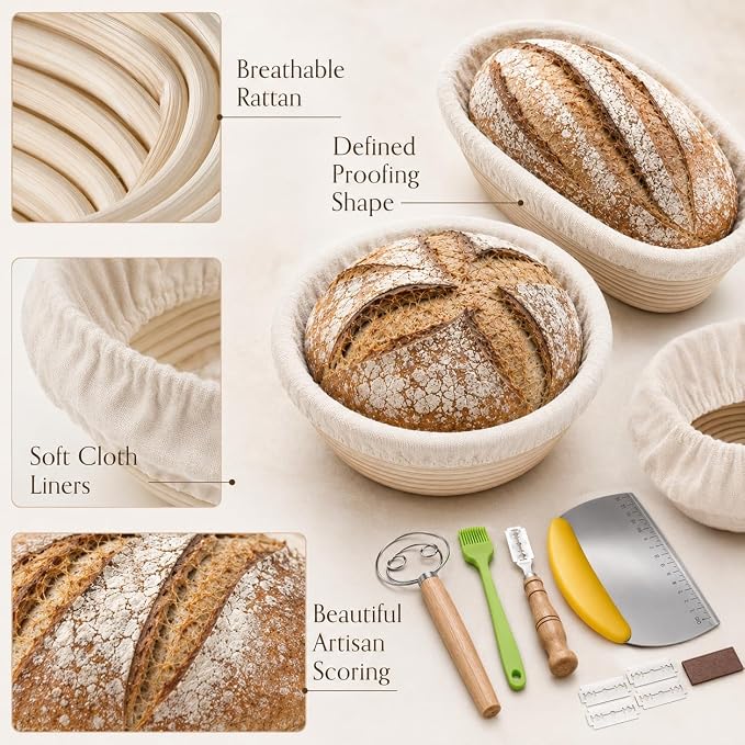Banneton Bread Proofing Basket Set - 2 Pack 9 Inch Round & Oval Natural Rattan Sourdough Proofing Baskets with Cloth Liners for Artisan Bread Baking Supplies