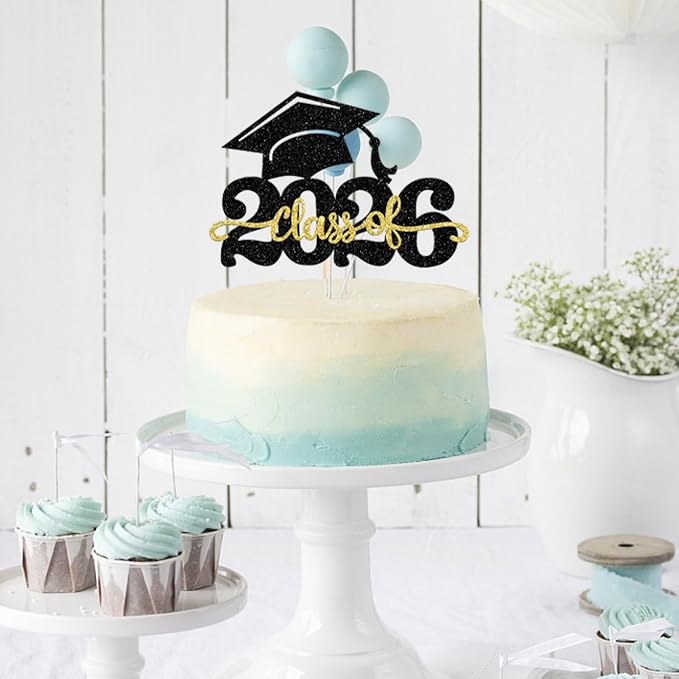 1 Pack Class of 2026 Cake Topper Glitter Congrats Grad Cap 2026 Graduation Cake Pick for 2026 Graduation Theme High School Boys Girls Graduate Party Cake Decorations Supplies Black Gold