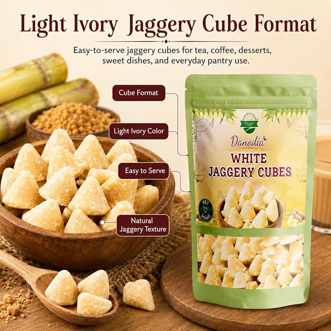 Danodia Foods Organic White Jaggery Cubes, Cane Gur Sweetener, 1 lb Pack | Jaggery gur pieces for chai, coffee, desserts and cooking; Gluten-Free, Vegan; traditional Indian cane sweetener; pantry use