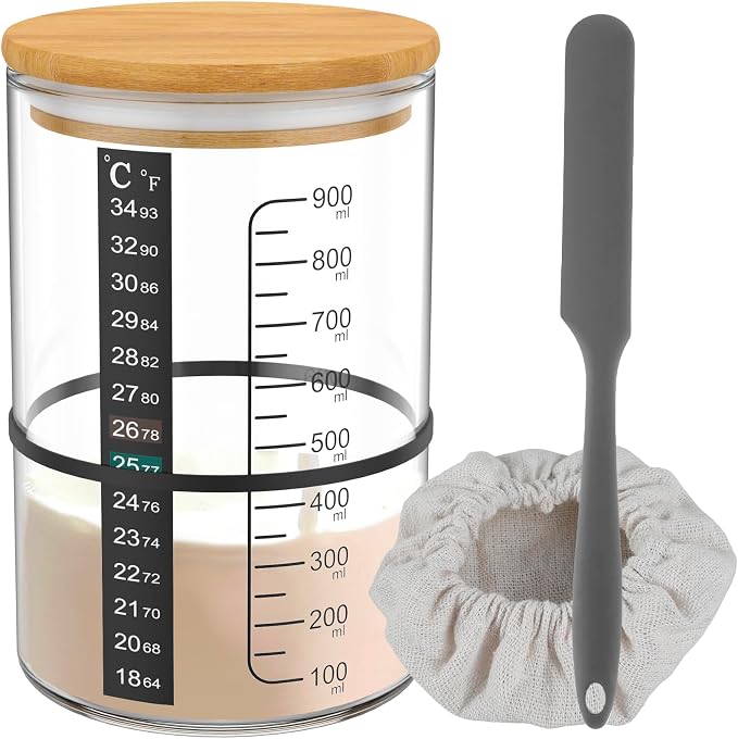 Large Sourdough Starter Jar Glass 900ml Capacity Sourdough Jar Wide Mouth with Scale Thermometer Paper Wooden Lid Cloth Cover Reusable Sourdough Starter Kit Bread Baking Supplies for Fermentation