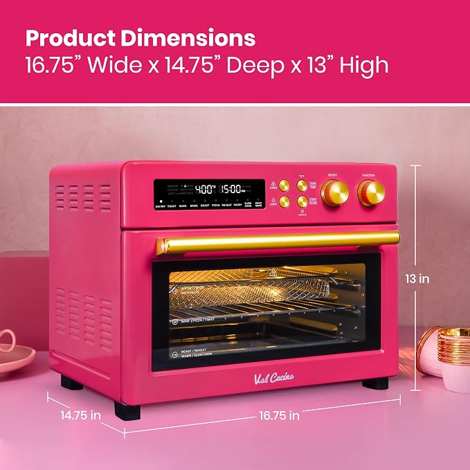 VAL CUCINA 26.3 QT Limited Edition Happy Pink Infrared Heating Air Fryer Toaster Oven, Large Countertop Convection Oven 10-in-1 Combo, 6-Slice Toast, Enamel Baking Pan Easy Clean with Recipe Book