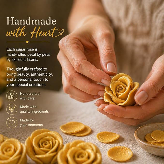 Confect Metallic Edible Rose Topper – Gold Roses for Cake, Cupcake & Doughnut Decoration – Pack of 12 Edible Floral Toppers- Vegan, Gluten-Free, Nut-Free, Soy-Free, Dairy-Free, Palm Oil-Free
