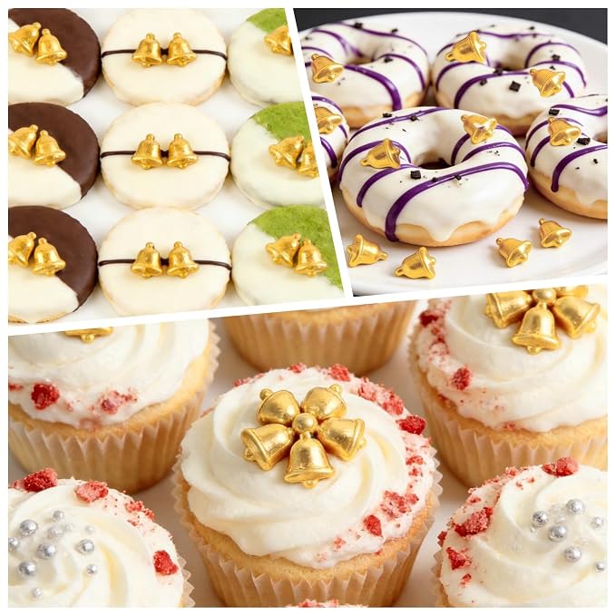 Edibles Gold Bells Sprinkles for Cake Decorating, 150g/5.29oz, Golden Sprinkles Edible, Metallic Sugar Bell Shape Sprinkle, Cupcake Decoration, Cookies Donuts Topper, Baking Party Supplies
