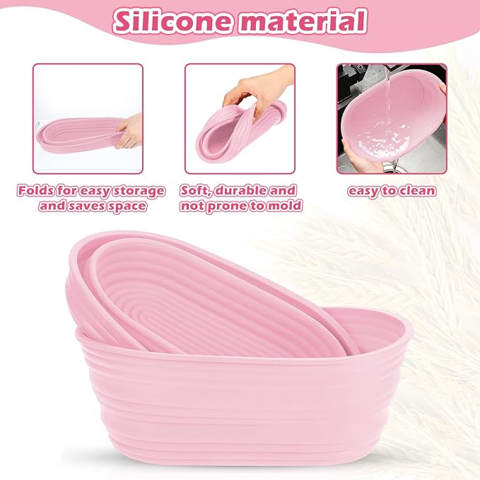 Nuogo 4 Pack Oval Bread Proofing Basket Silicone 10 Inch Collapsible Sourdough Bread Baking Supplies Dough Proofing Bowl with 4 Pcs Dough Scraper and 4 Pcs Basket Covers (Pink)