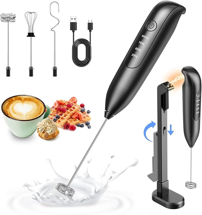 Electric Milk Frother Handheld: coffee frother rechargeable 𝟑 𝐢𝐧 𝟏 - LED Display, Adjustable Wireless Charging - 3 Speeds, Stainless Steel Whisk for Latte, Cappuccino - Bright Black