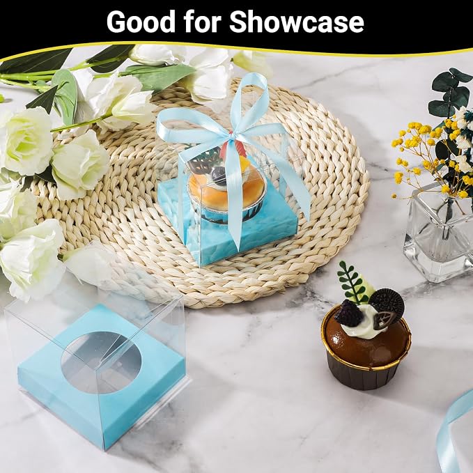 EUSOAR Individual Cupcake Containers, 3.5 Inch Clear Cupcakes Boxes Individual 24 Packs with Inserts and Gift Ribbon, Dessert Pastry Holder Disposable Cookies Wrappers for Wedding Party Favor Bakery