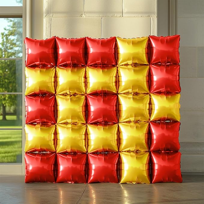 NISOCY 25PCS Christmas Balloons Red Gold Square Foil Balloons Wall Backdrop Metallic Double Sided Red Gold Balloons Tunnel Arch Kit for Valentine's Day Wedding Birthday Engagement Party Decorations